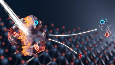 Wissenschaftliche Darstellung eines Trions mit roten und silbernen Teilchen, umgeben von Lichtbahnen.